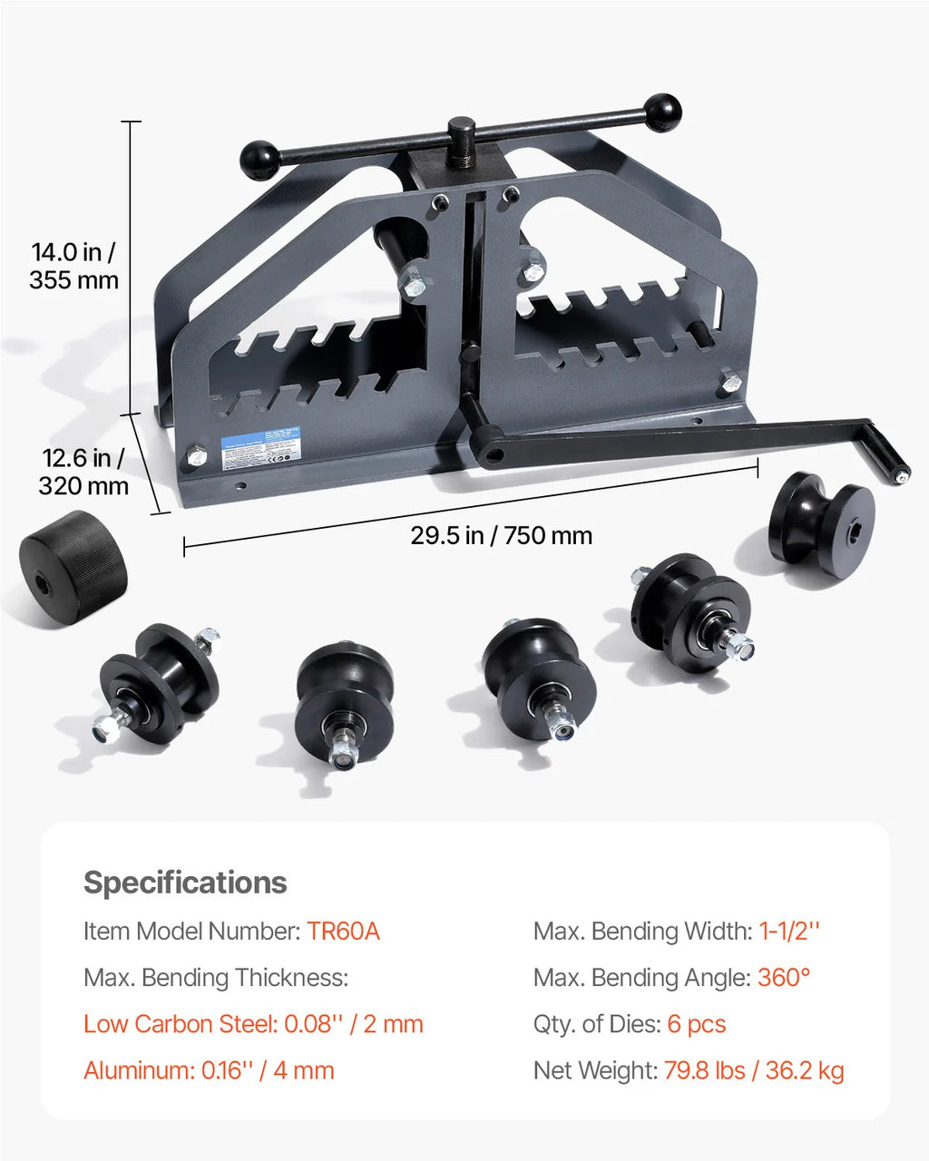 Tube Roller Bender – Manual Pipe Bender up to 1-1/2 in with 6 Dies – image 7