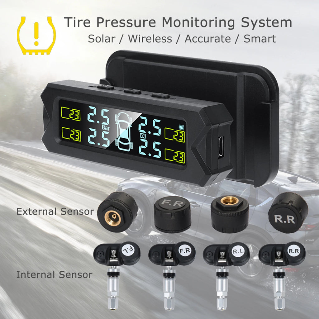 Solar Wireless TPMS - Tire Pressure Monitoring System with 4 Sensors & LCD Display