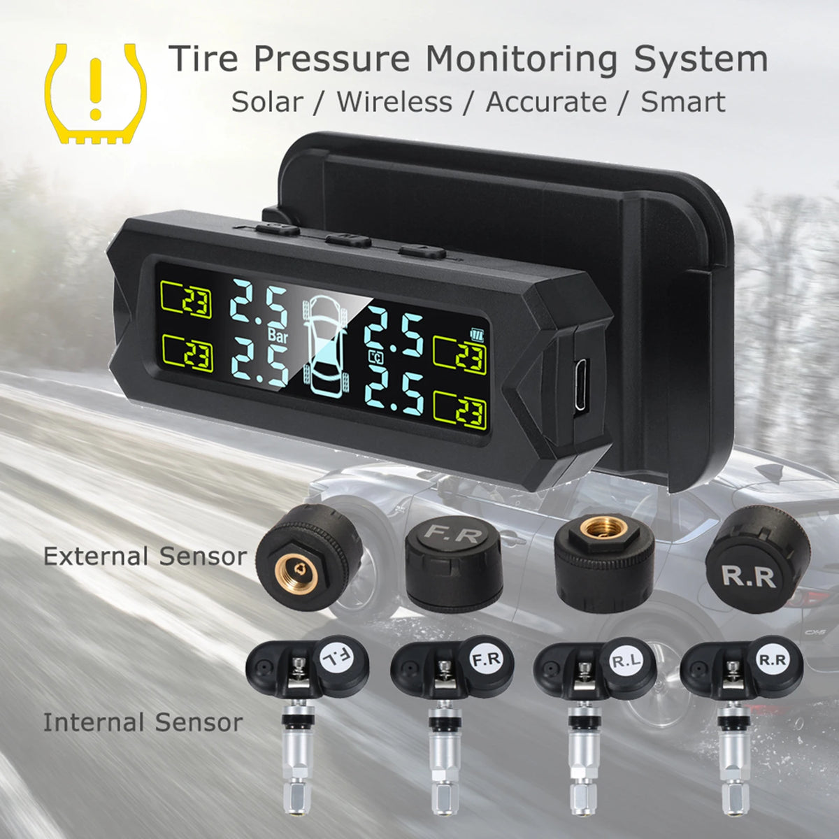 Solar Wireless TPMS - Tire Pressure Monitoring System with 4 Sensors & LCD Display