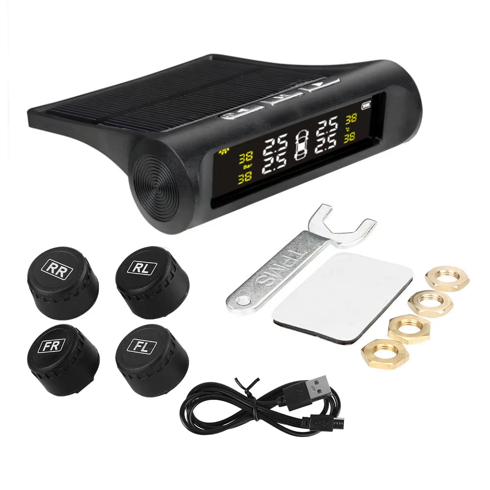 Solar Tire Pressure Monitoring System - Wireless TPMS with LCD Display & Alarm