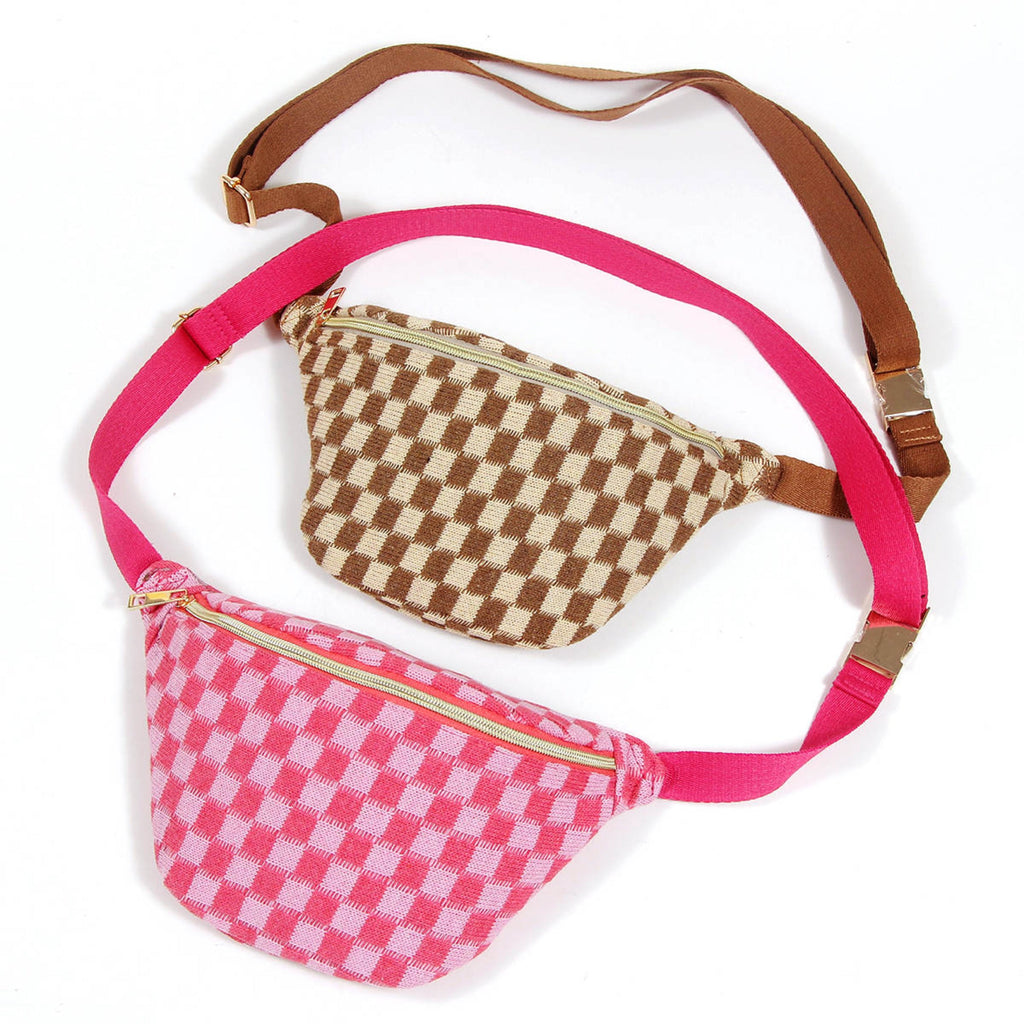 Checkered Knit Belt Sling Bag – Crossbody with Gold Hardware – image 3