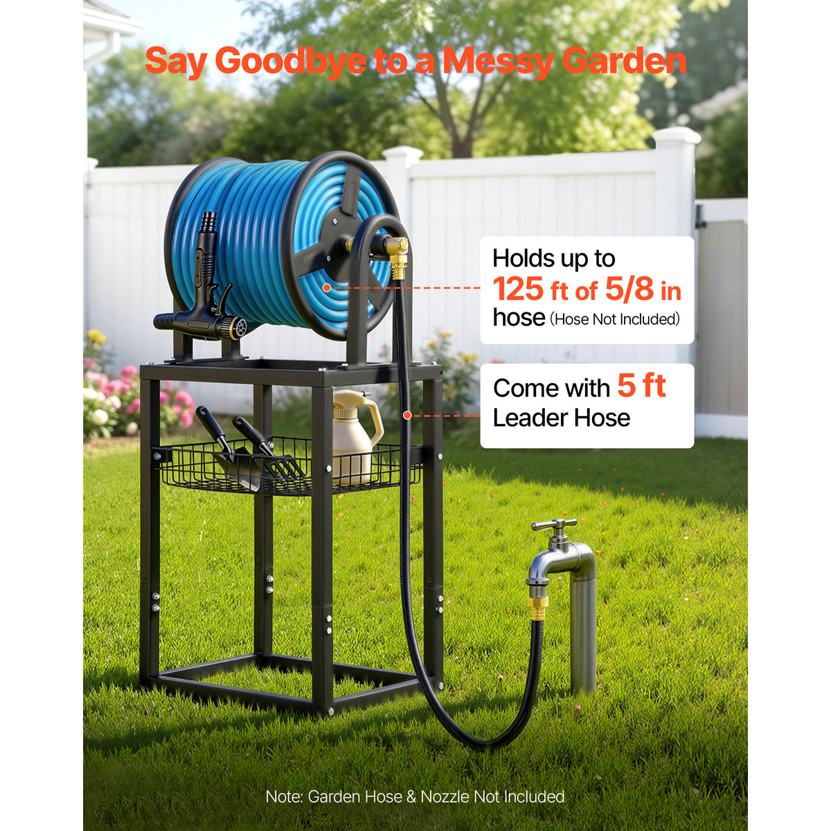 Freestanding Garden Hose Reel, Holds 125 Feet of 5/8-Inch Hose, Wall Mount or Ground Mount, Detachable Holder Stand with Storage Rack, 5 Ft Leader Hose, Brass Fitting, 4 Spikes, for Backyards