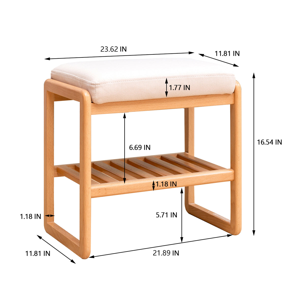 Solid Beech Wood Shoe Bench with Cushion, 2-Tier Entryway Seat – image 10