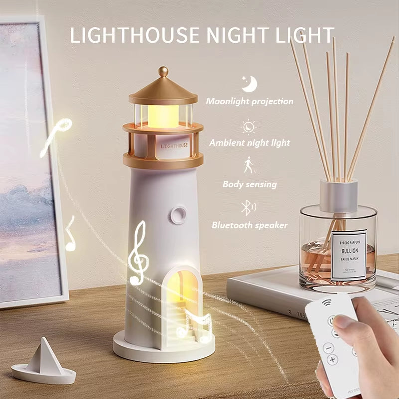 Lighthouse Moon Projection Lamp - Bluetooth Speaker Night Light with Remote