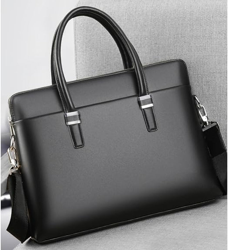 Cow Leather Laptop Briefcase Messenger Bag, Black – image 2
