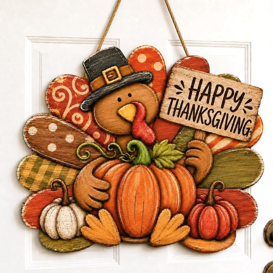 Happy Thanksgiving Door Sign, Wooden Turkey and Pumpkin Decor