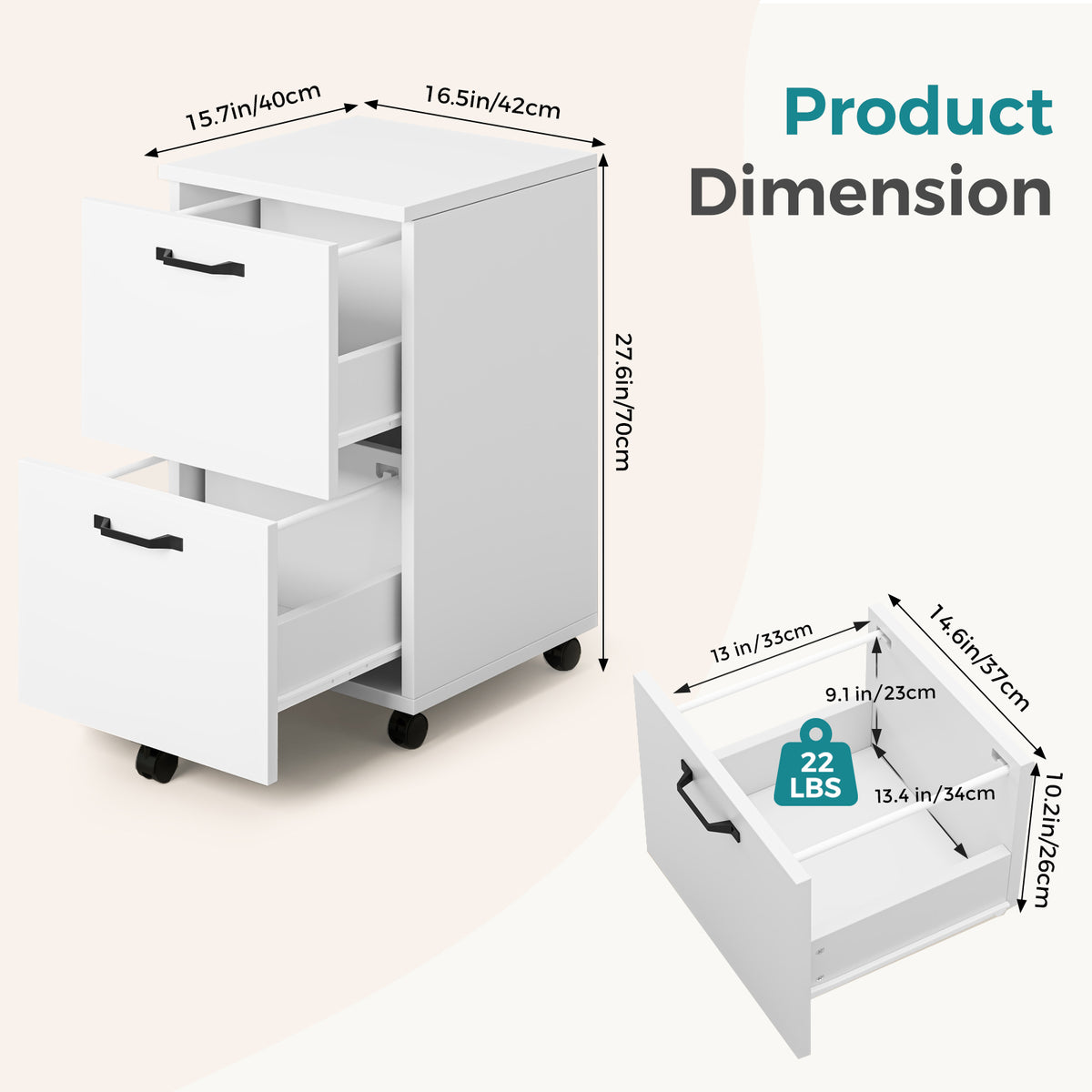 2-Drawer Filing Cabinet with Hanging Rack, Rolling Printer Stand – image 3