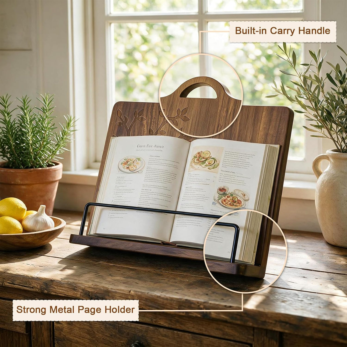 Cookbook Stand, Acacia Wood Recipe Book Holder for Counter – image 8
