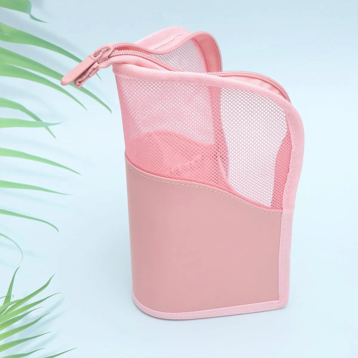 Makeup Brush Bag, Pink Standing Mesh Cosmetic Pouch with Zipper – image 4