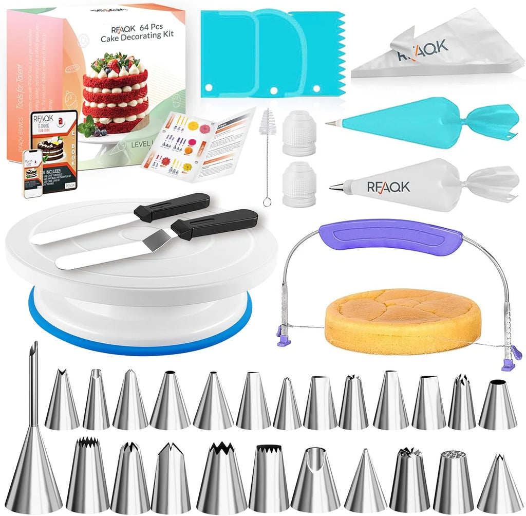 Cake Decorating Kit 64 Piece – Turntable, Piping Tips & Spatulas