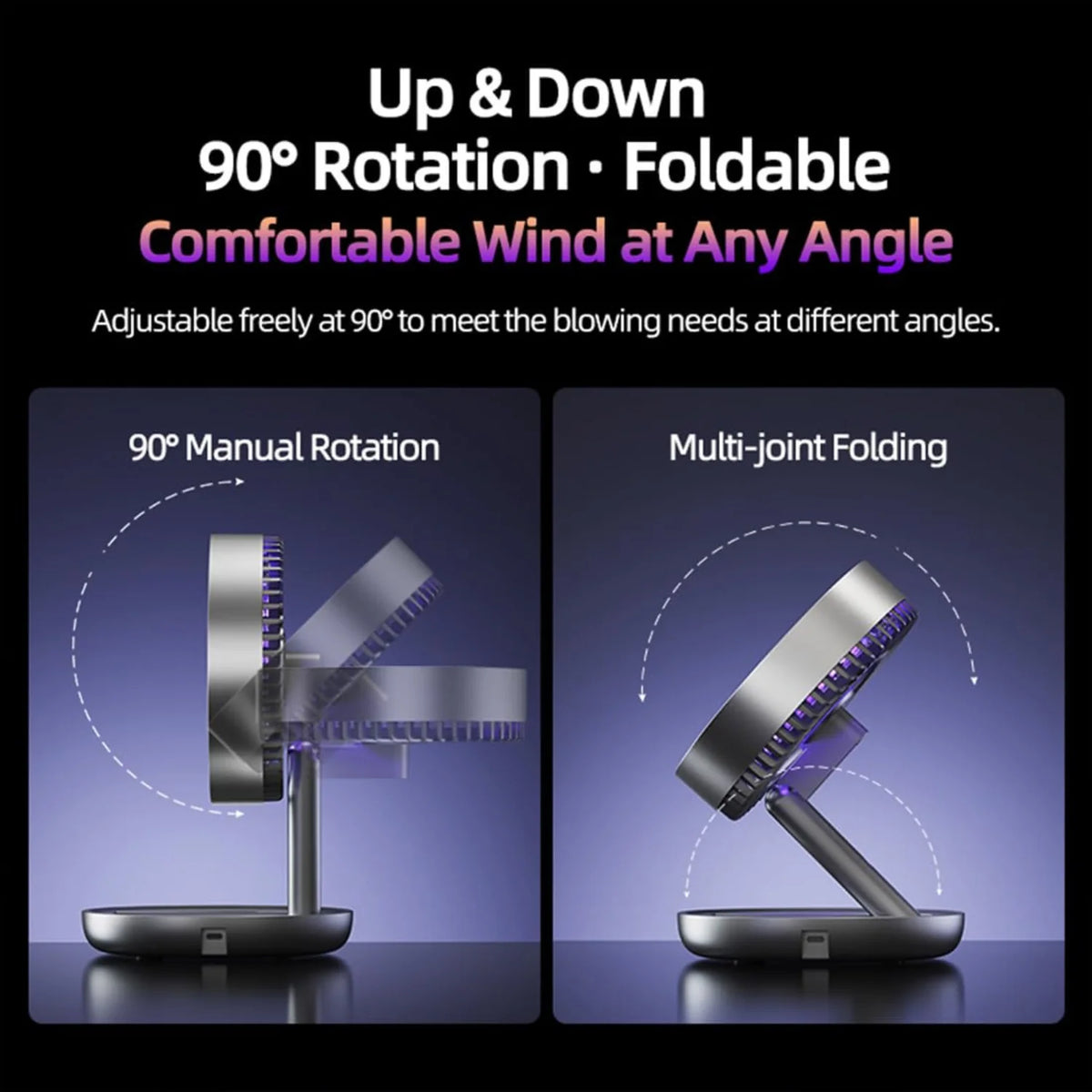 Portable Desk Fan, Foldable USB-C Rechargeable Fan with LED Light – image 4