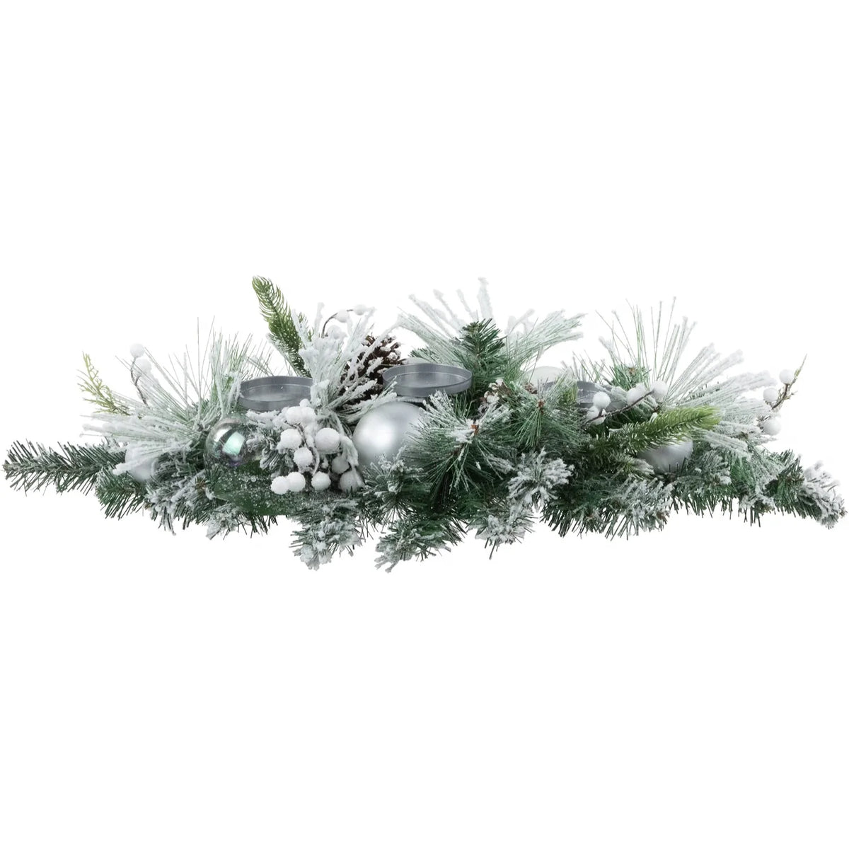 Flocked Pine Triple Candle Holder Centerpiece with Ornaments, 32 in
