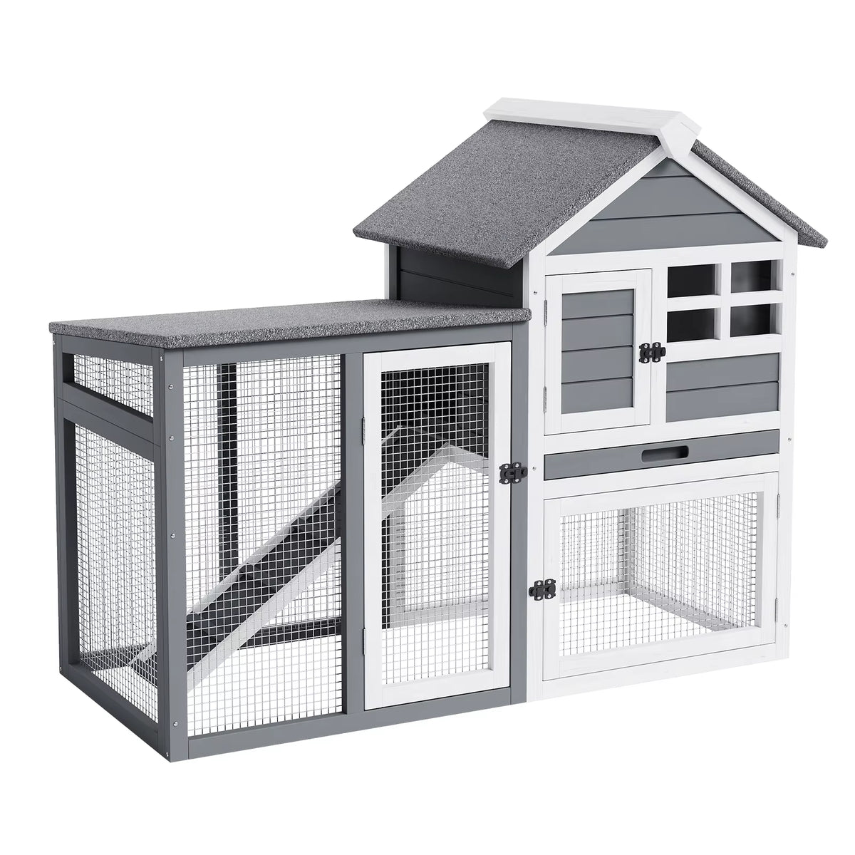 2-Story Wooden Rabbit Hutch and Small Chicken Coop with Ramp, Gray