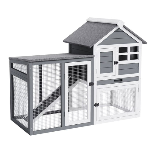 2-Story Wooden Rabbit Hutch and Small Chicken Coop with Ramp, Gray