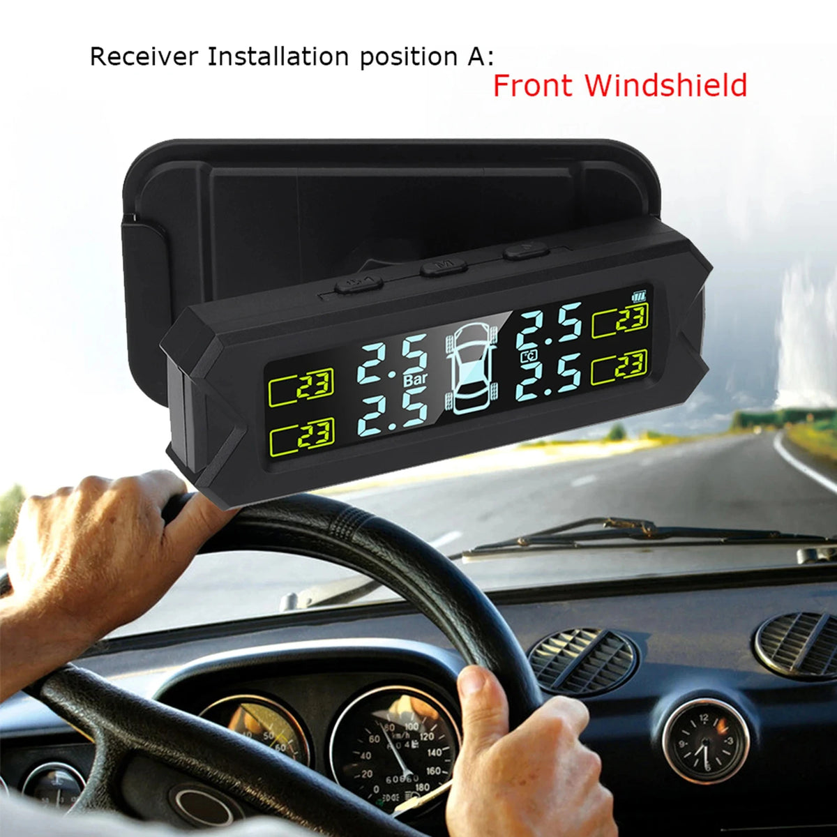 Solar Wireless TPMS - Tire Pressure Monitoring System with 4 Sensors & LCD Display