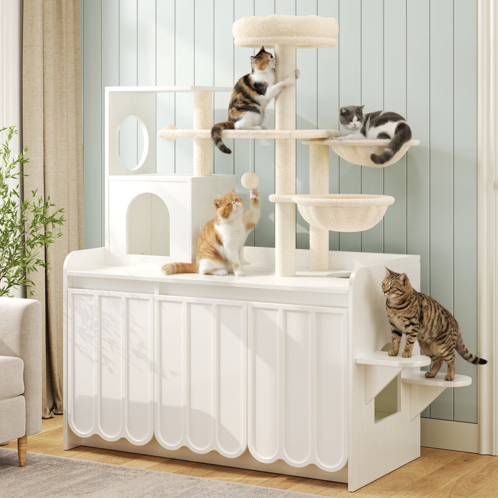 Cat Tree with Litter Box Enclosure, All-in-One Cat Condo, White