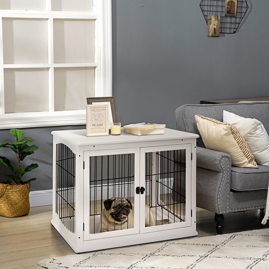 Dog Crate Furniture End Table, 32 in with 2 Lockable Doors, White – image 2