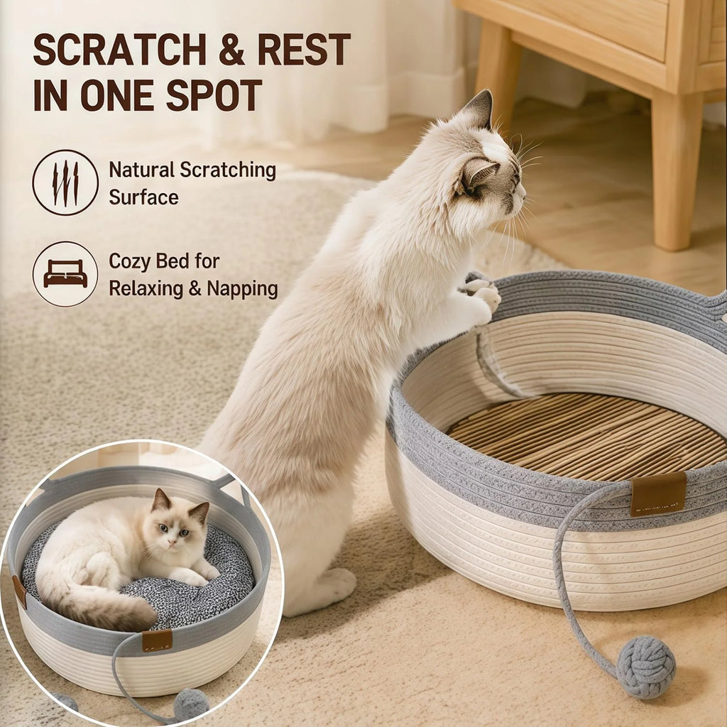 Cat Basket Bed – Handwoven Cotton Rope Nest with Cushion – image 5
