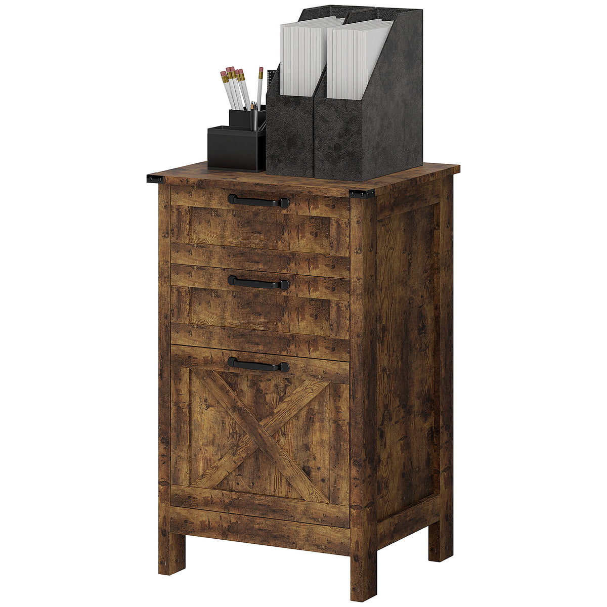 Rustic Farmhouse 3-Drawer Vertical File Cabinet, Barn Door Style – image 1