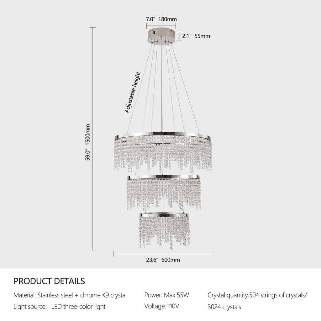24 Inch round LED Crystal Chandelier, 3-Color Temperature, Chrome
