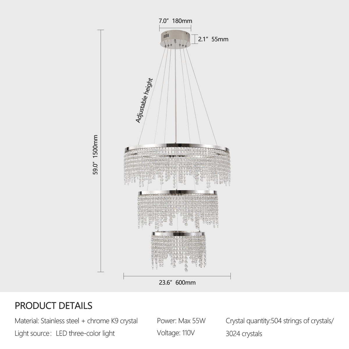 24 Inch round LED Crystal Chandelier, 3-Color Temperature, Chrome