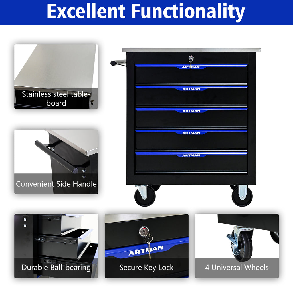 5 Drawer Lockable Tool Cart with Stainless Top and Brake Casters
