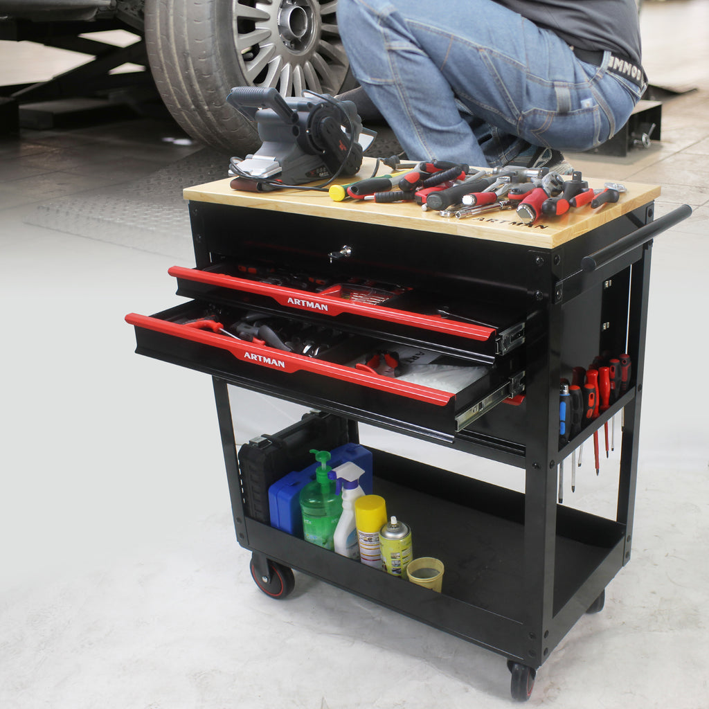 3-Drawer Rolling Tool Cart with Wooden Top and Adjustable Shelf – image 4