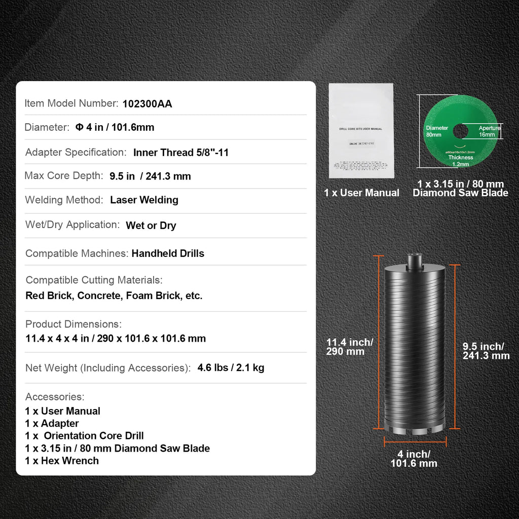 Diamond Core Drill Bit 4 in, Wet/Dry for Concrete and Brick – image 7