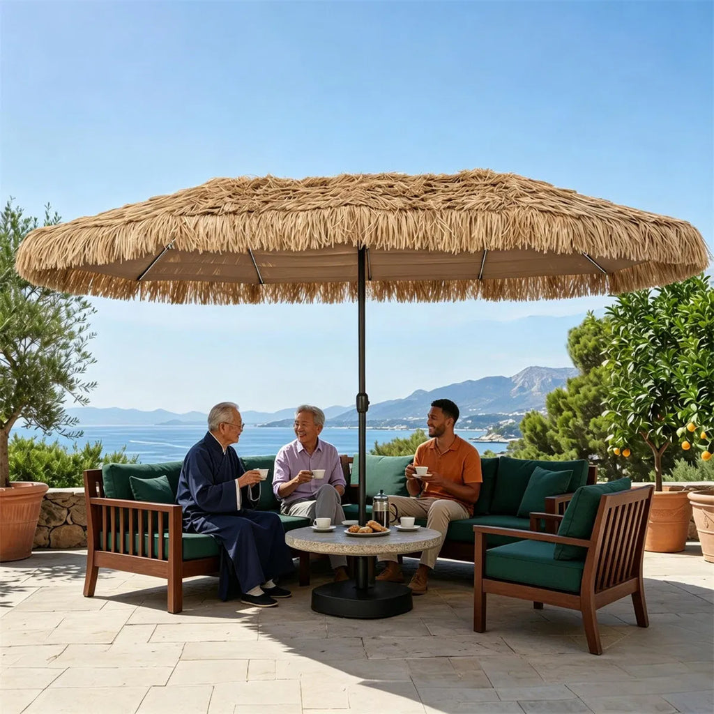15x9 ft Double-Sided Tiki Patio Umbrella with Thatch and Weighted Base – image 12