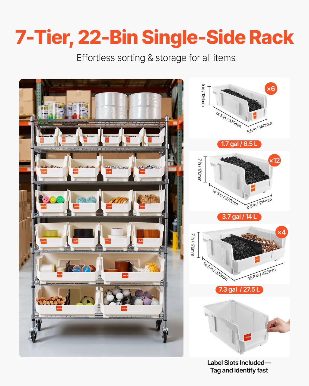 Rolling Bin Storage Rack 7-Tier with 22 Bins, 800 lb Steel Frame – image 2