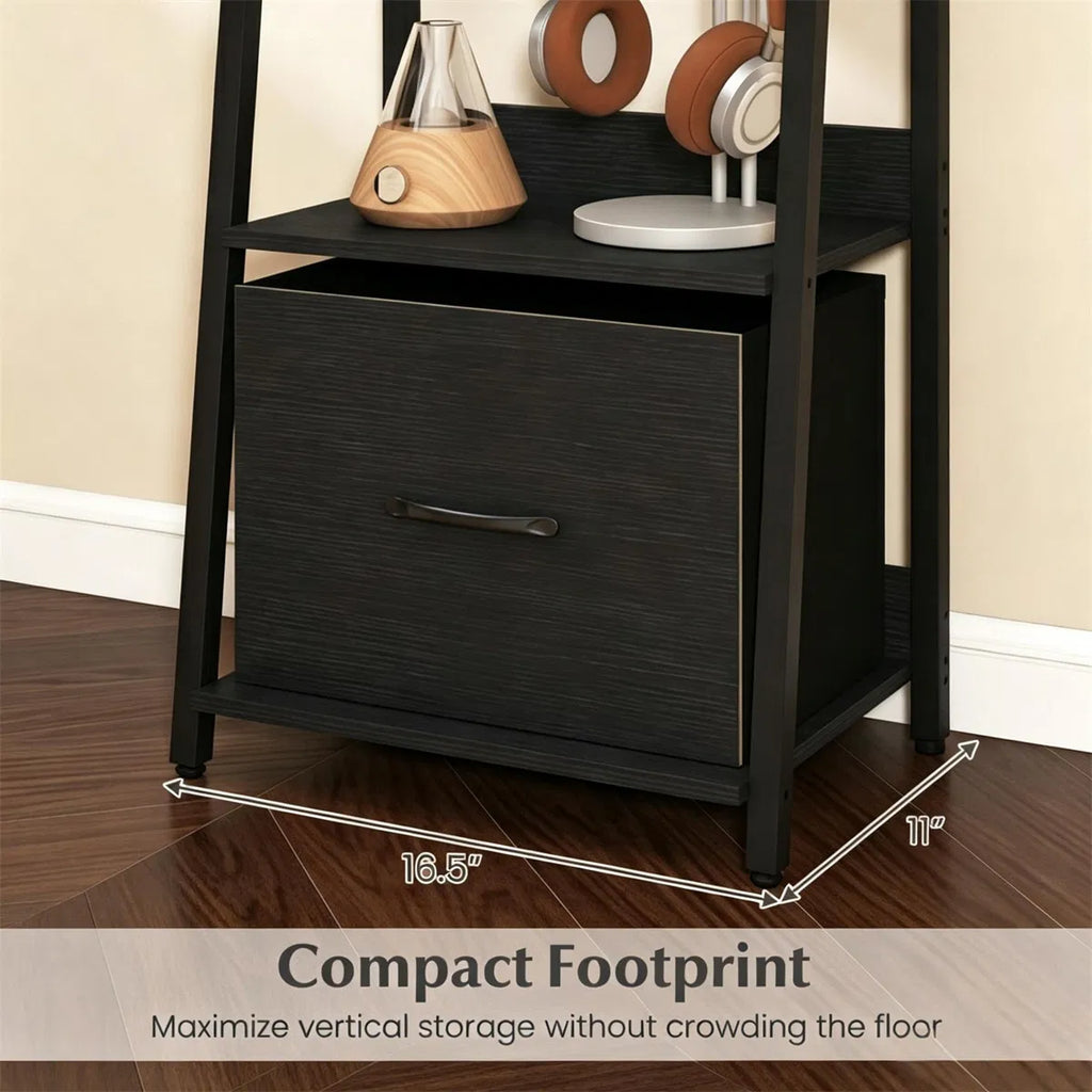 5-Tier Ladder Shelf with Fabric Drawer, Narrow Bookshelf, Black – image 9