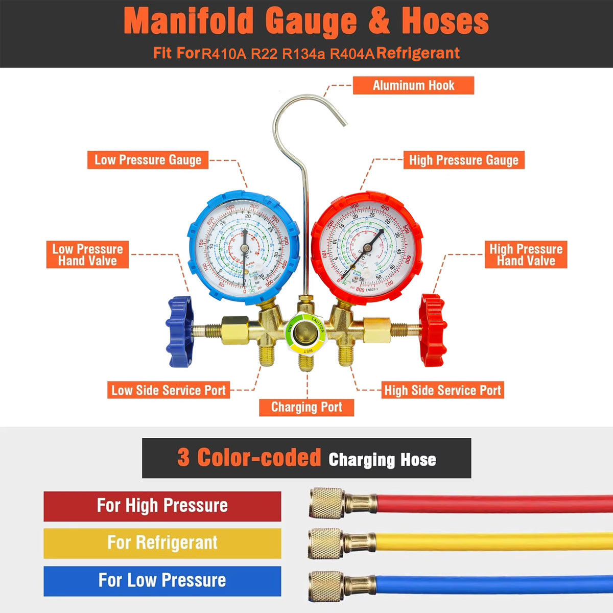 HVAC AC Manifold Gauge Set with Hoses and Hook