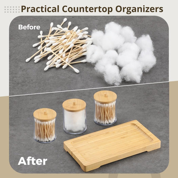 Cotton Swab Holder Set - 3 Acrylic Jars with Wood Tray