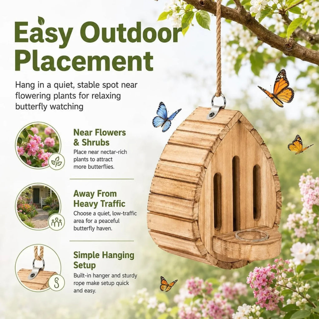 Butterfly House - Hanging Wooden Butterfly Shelter with Feeder – image 8