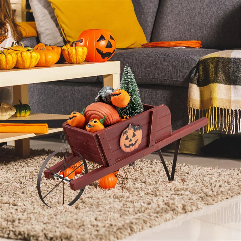 Wooden Wheelbarrow Planter with 9 Seasonal Magnetic Decorations – image 1