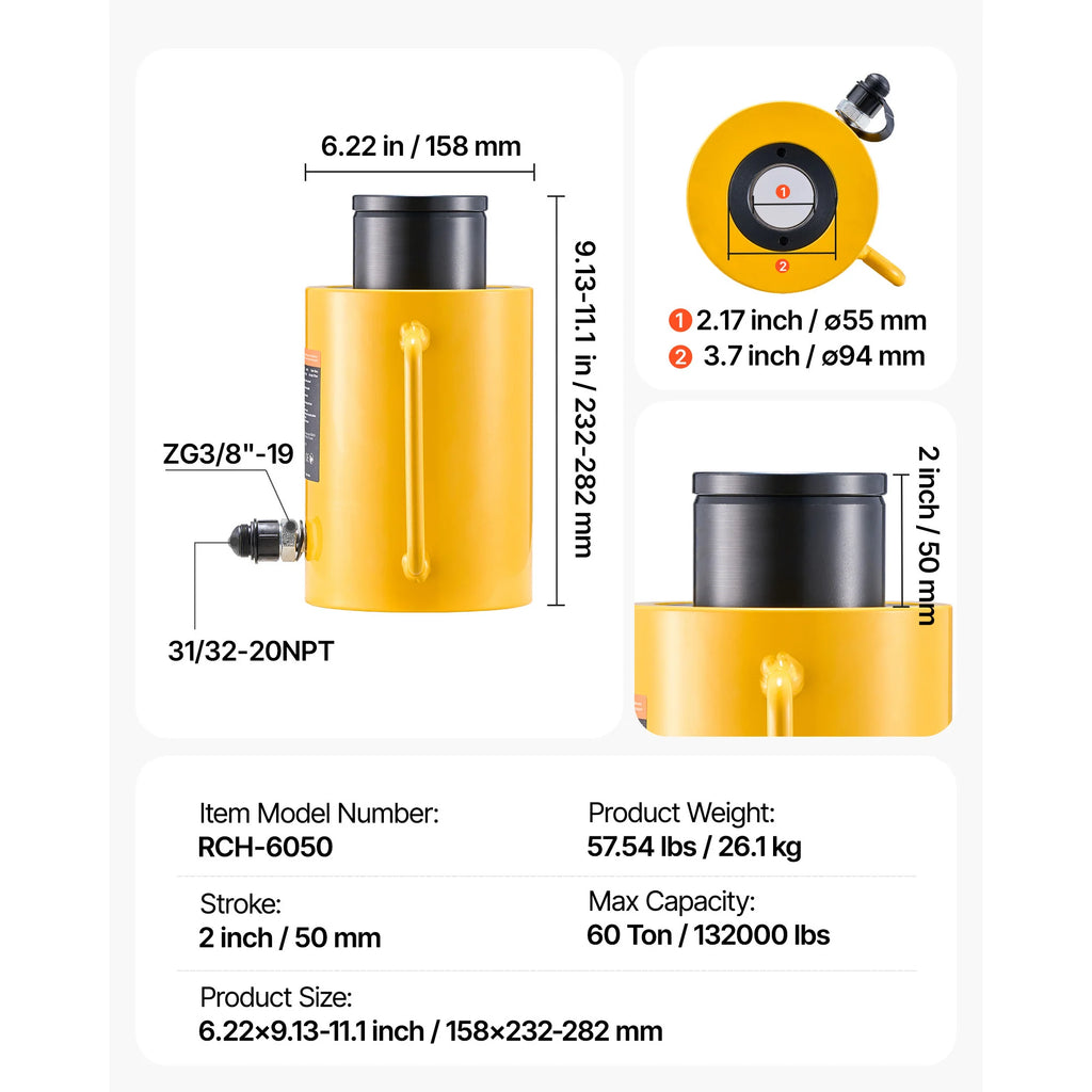 Hollow Plunger Hydraulic Cylinder 60 Ton, 2 in Stroke Ram Jack – image 7