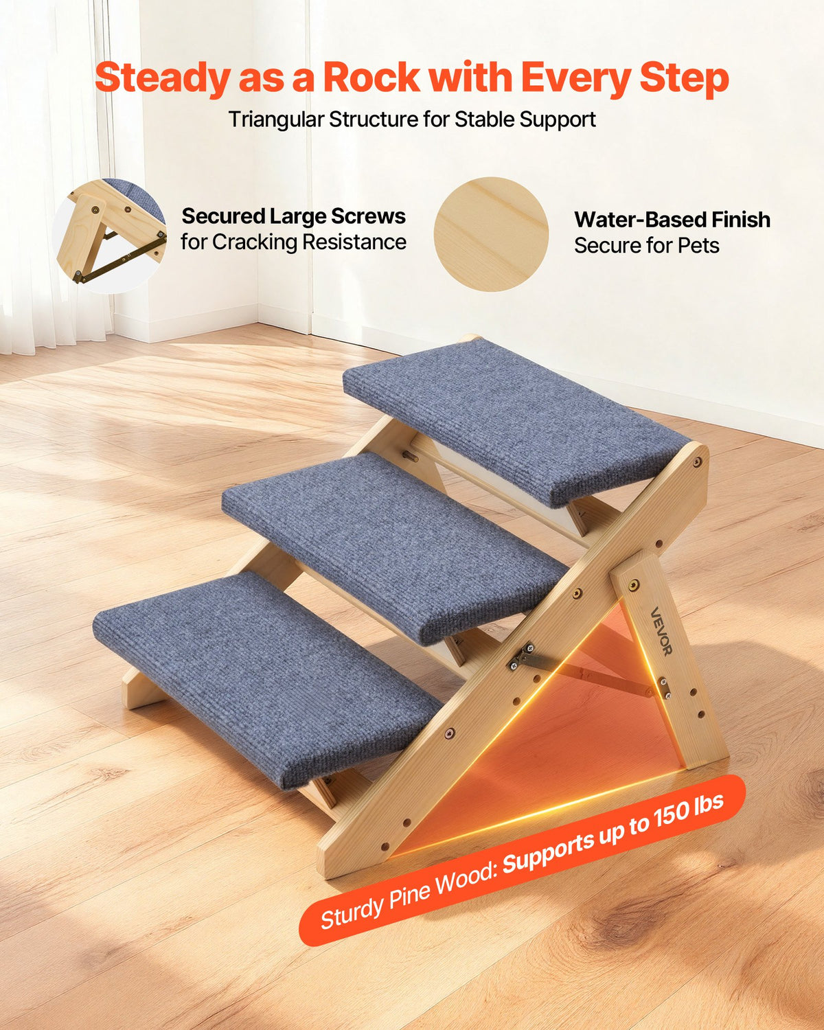 Foldable 3-Step Wooden Dog Stairs for Beds & Sofas, 150 lb – image 3