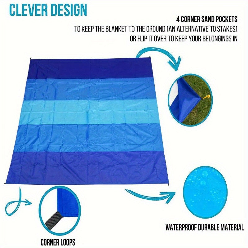 Sandproof Beach Blanket – Extra Large Waterproof Mat with Stakes, Blue – image 4