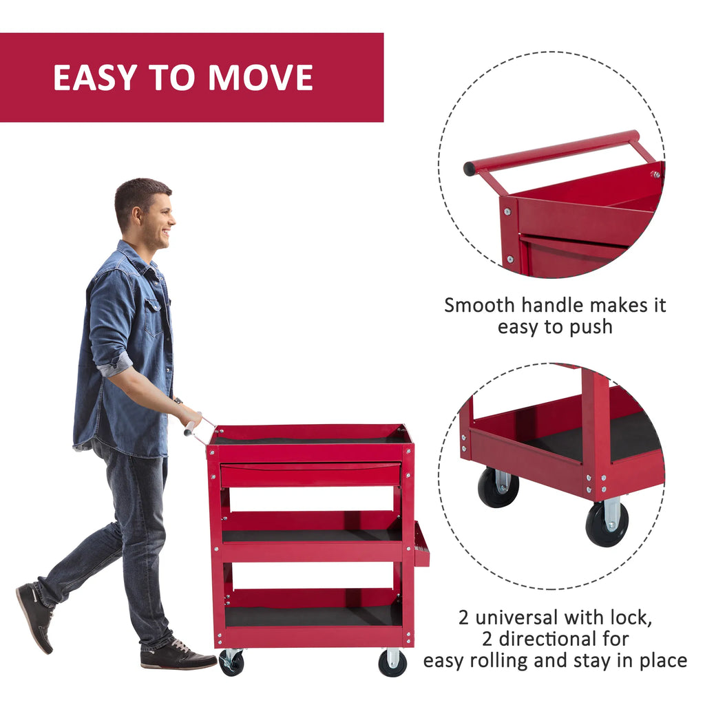 Tool Cart with 3 Tray 1 Drawer Storage Chest Garage Utility Red