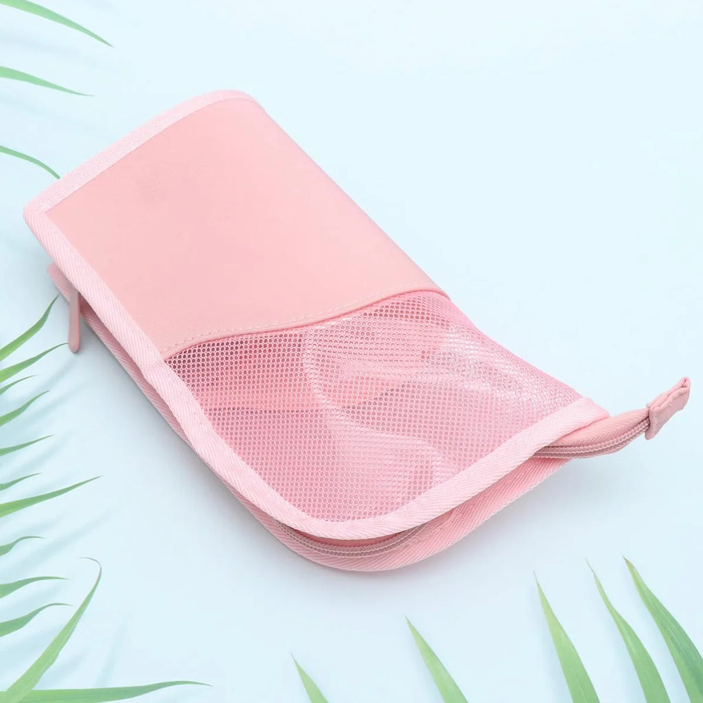 Makeup Brush Bag, Pink Standing Mesh Cosmetic Pouch with Zipper – image 3