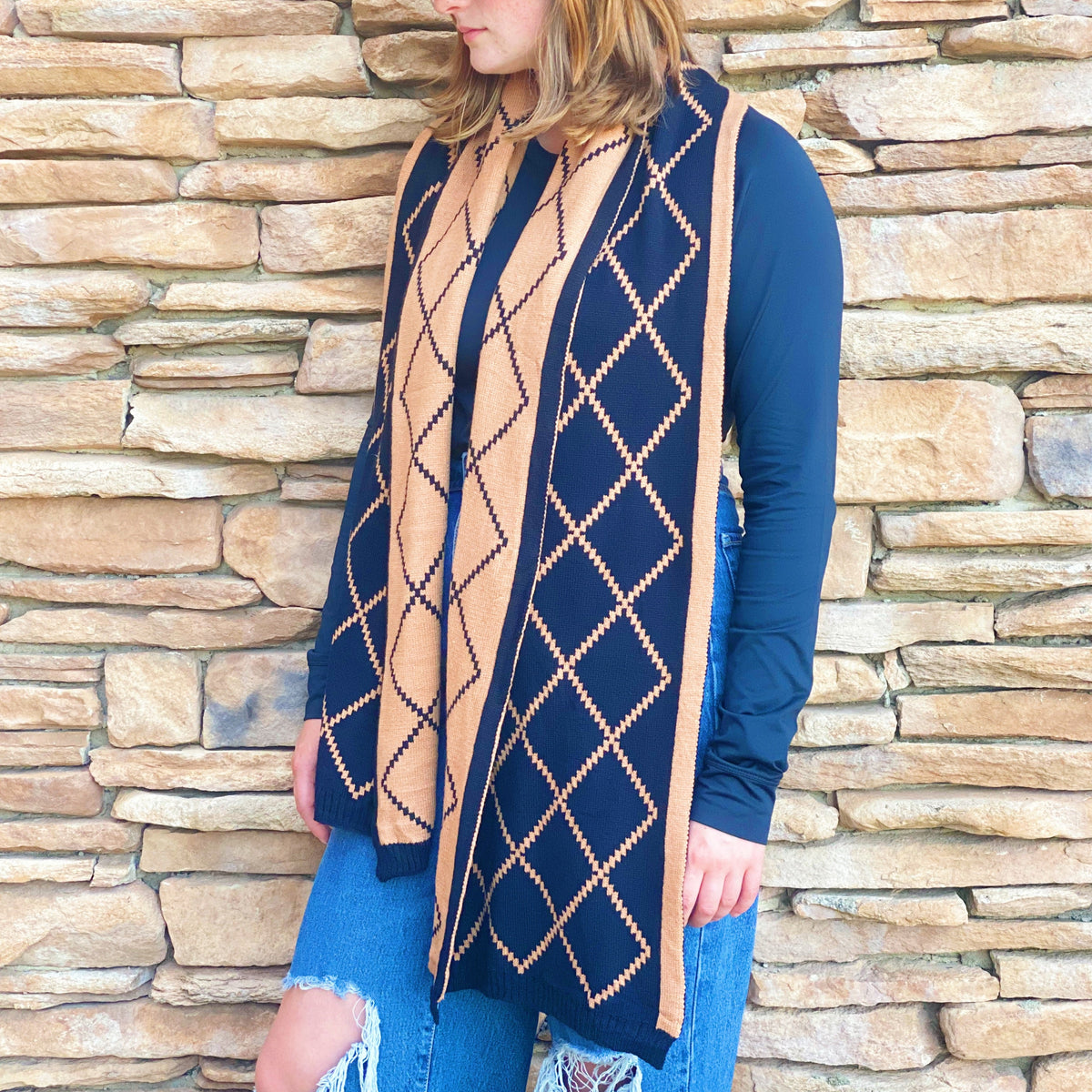 Knit Winter Scarf - Reversible Diamond Pattern Long Scarf