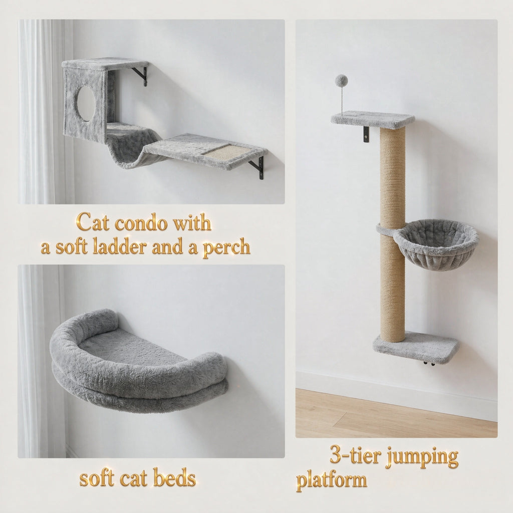 Cat Wall Shelves, 3-in-1 Set with Condo, Hammock and Scratching Post – image 7