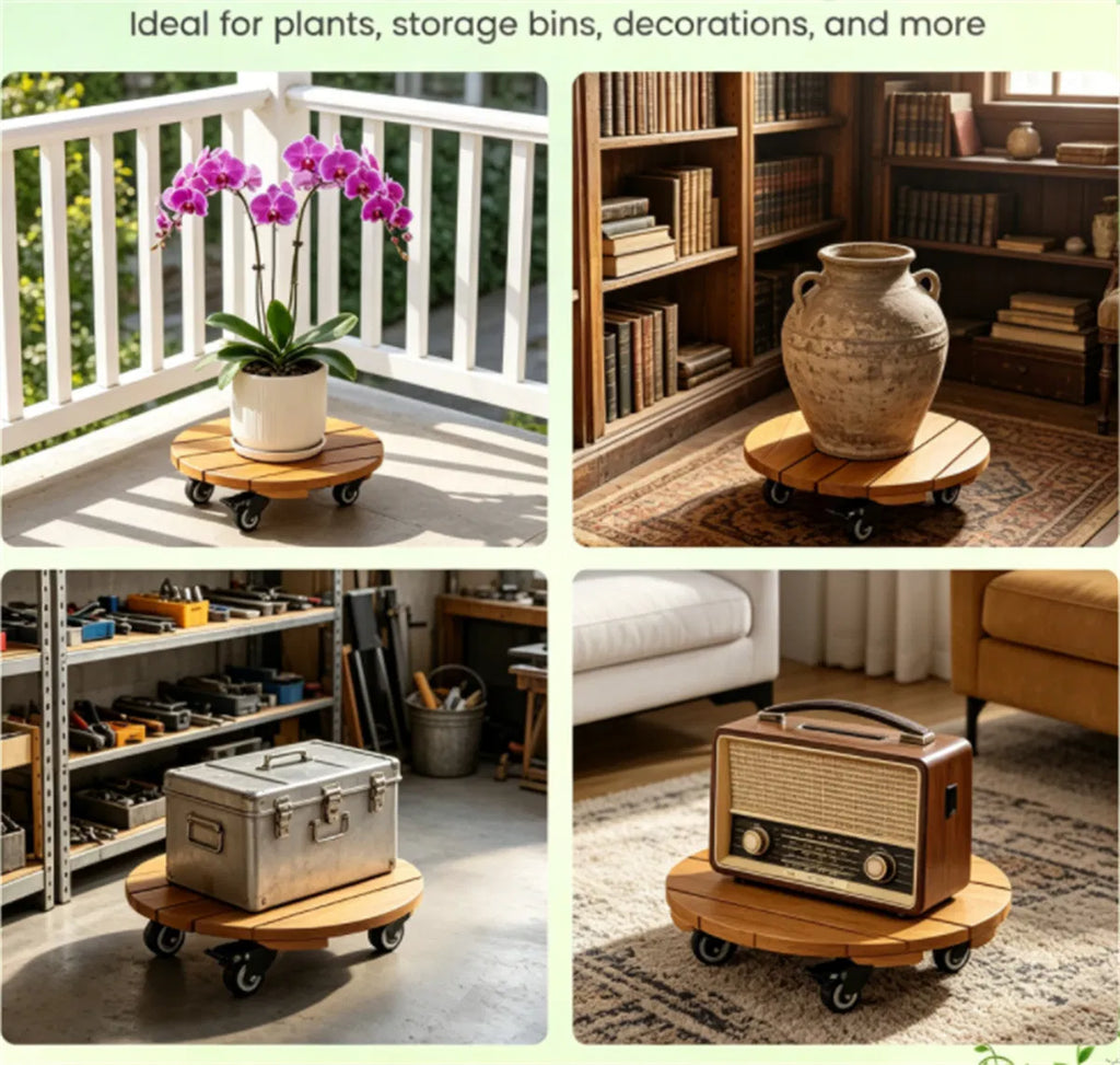 Rolling Plant Caddy Set of 2, 12 in Acacia Wood Pot Mover with Wheels – image 9