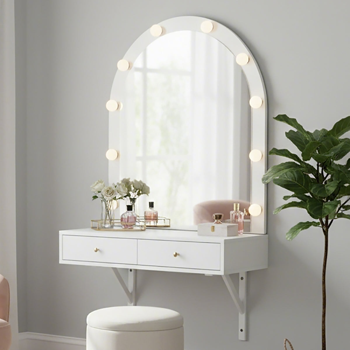 Floating Wall Makeup Vanity with Lighted Mirror and Power Outlets – image 5