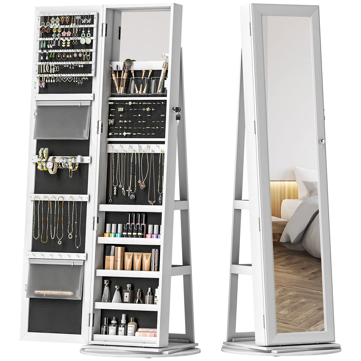 Floor Standing Jewelry Cabinet with LED Lights and Swivel Mirror – image 3