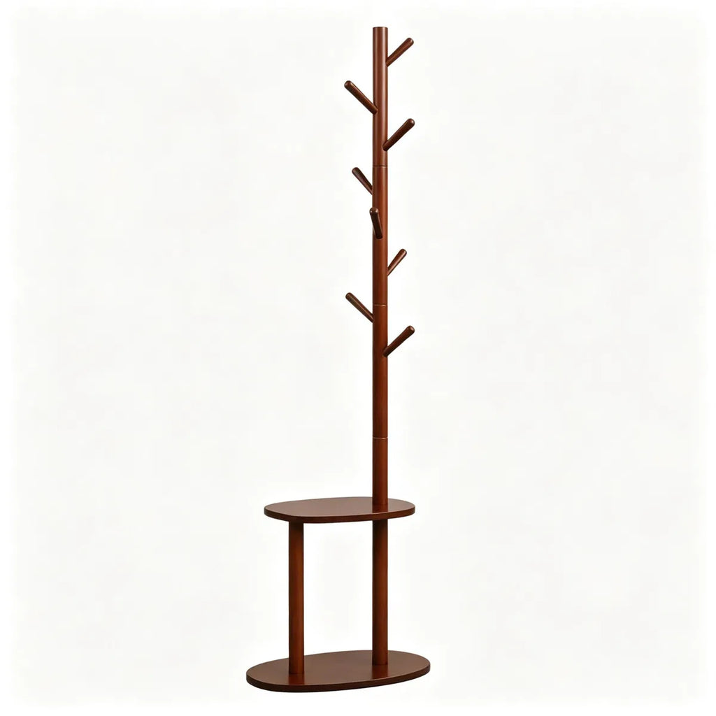 Rubber Wood Coat Tree with 8 Staggered Hooks and 2 Shelves – image 2