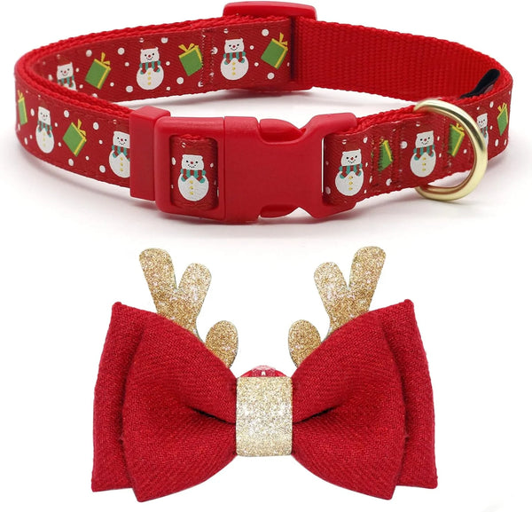 Christmas Dog Collar with Removable Antler Bow Tie