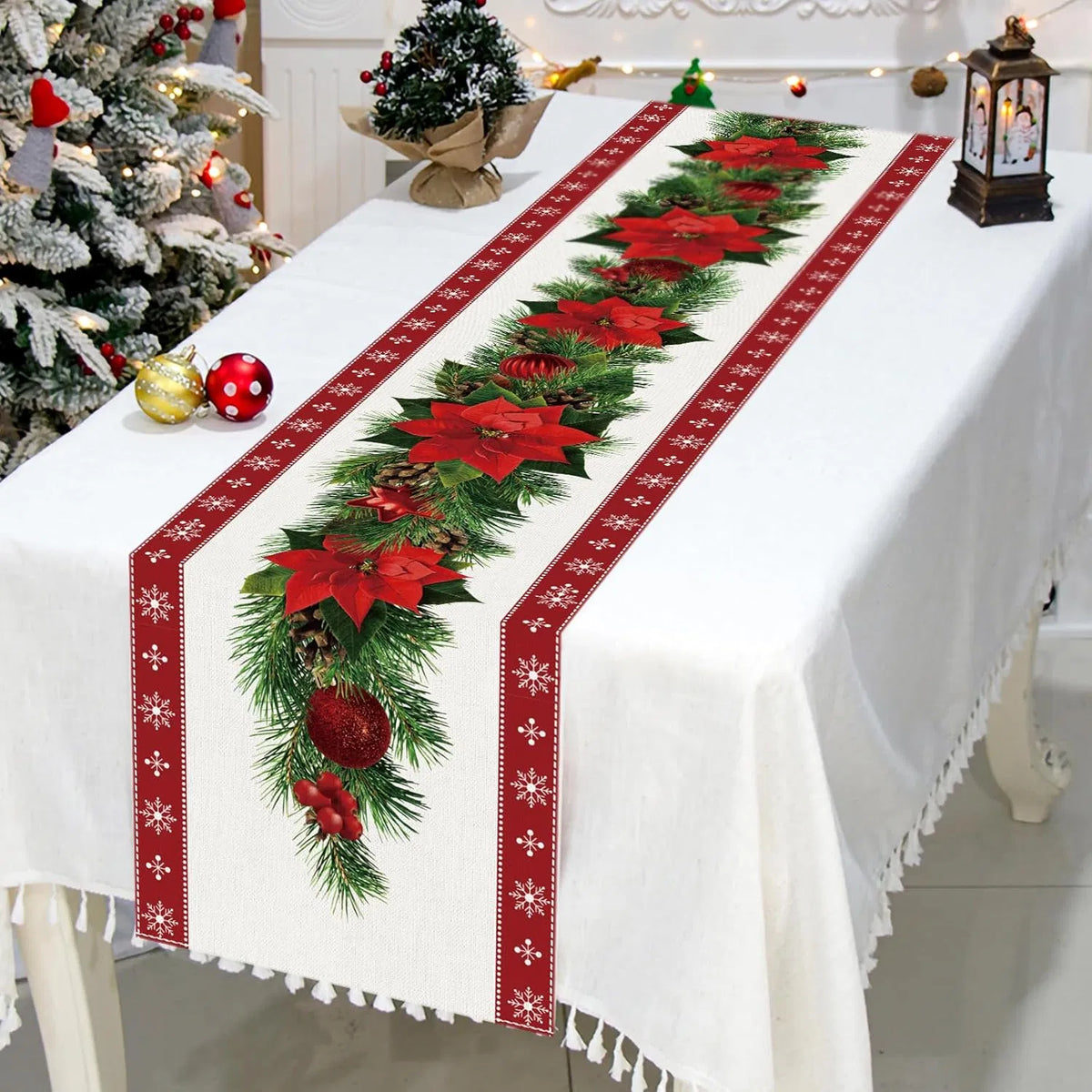 Watercolor Poinsettia Christmas Table Runner 13 x 72 In – image 7