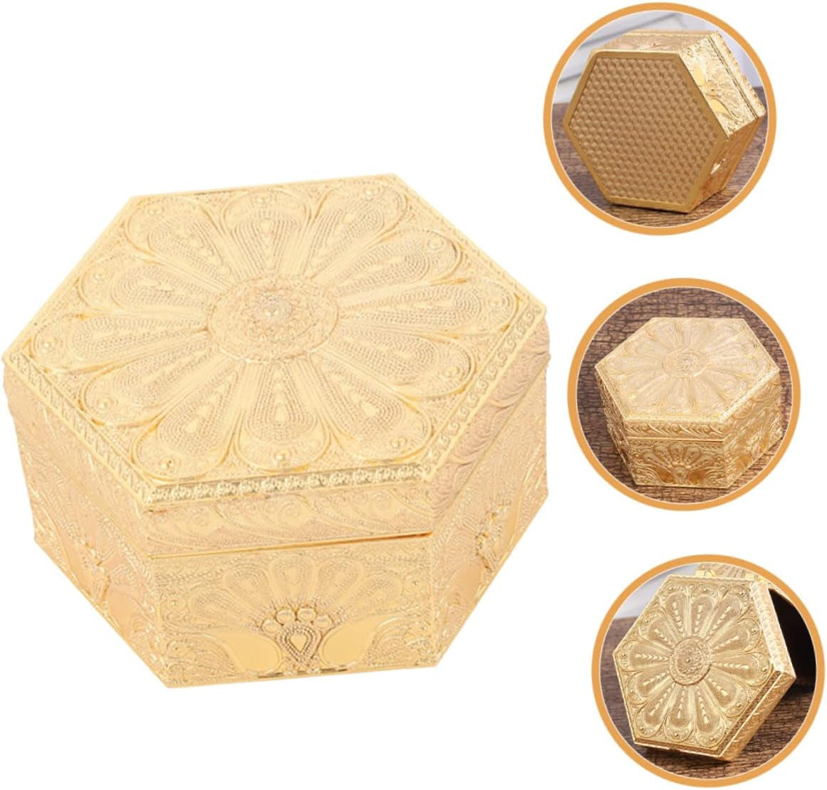 Hexagon Jewelry Box – Vintage Gold Zinc Alloy Trinket Case – image 8