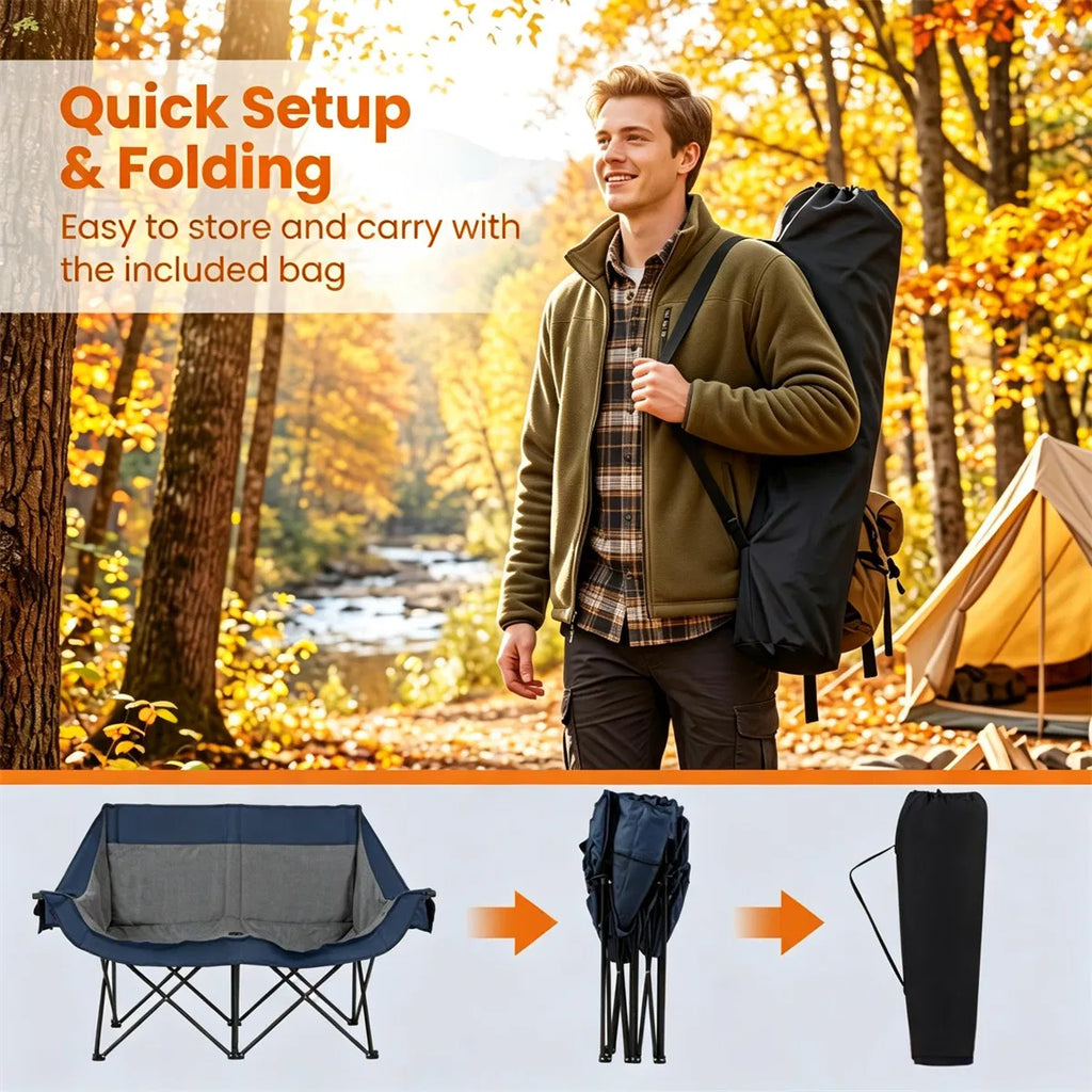 Heated Double Camping Chair, 2-Person Folding Loveseat with 3 Heat Levels, Navy – image 7